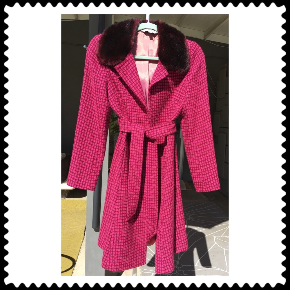 Trina Turk pink wool coat with Red Faux Fur Collar